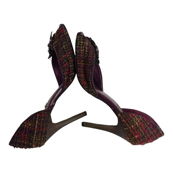 Steve Madden Tweed Heels Size 8 Womens Purple Peep Toe Fabric Flower Pumps - Picture 3 of 9